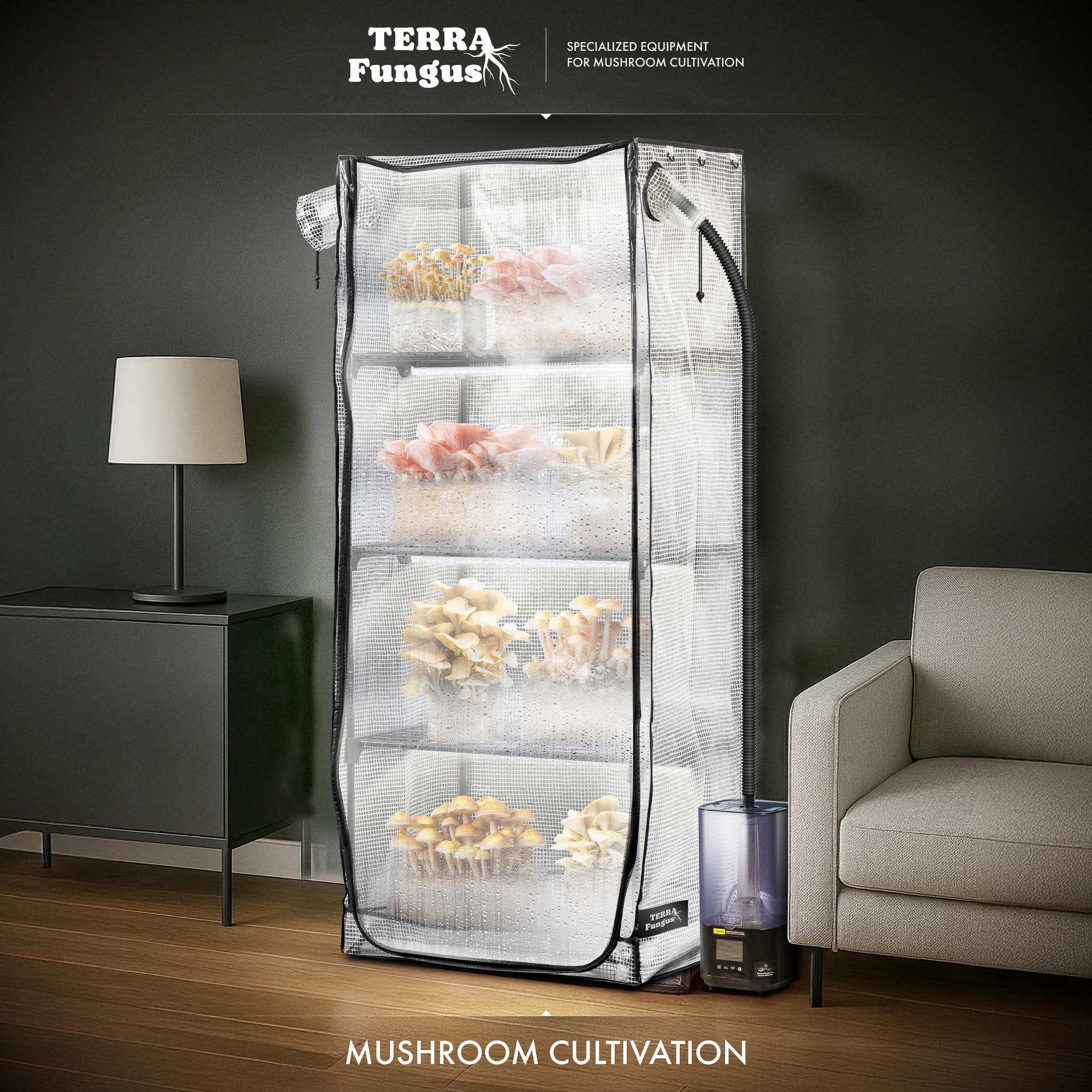 Terra Fungus interior shelves loaded demonstrating high-capacity vertical growing benefit