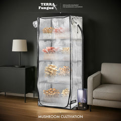 Terra Fungus interior with open door showing shelf space and easy access benefit