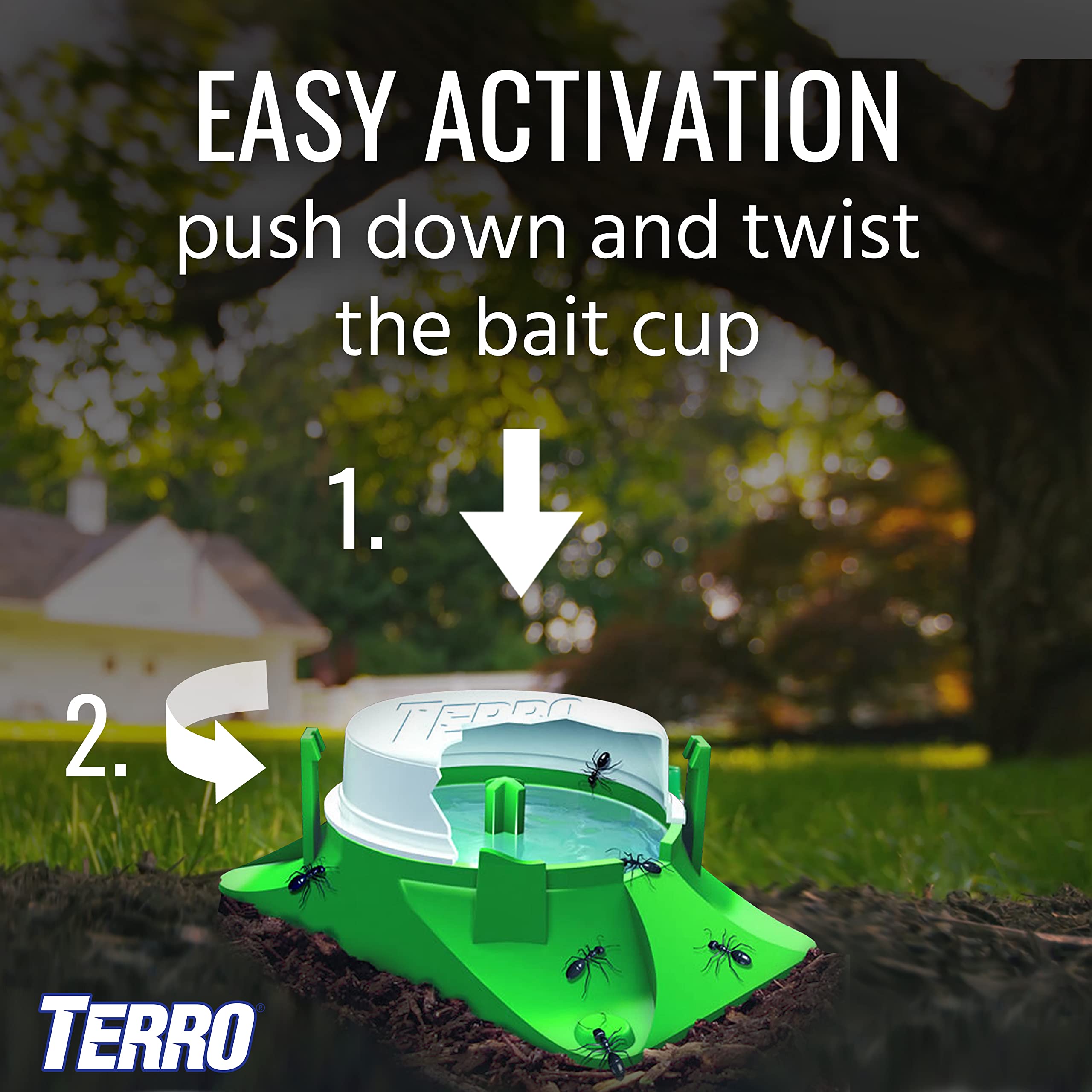 Terro bait station with stake placed in mulch offering expanded outdoor placement