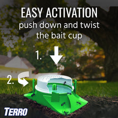 Terro bait station with stake placed in mulch offering expanded outdoor placement