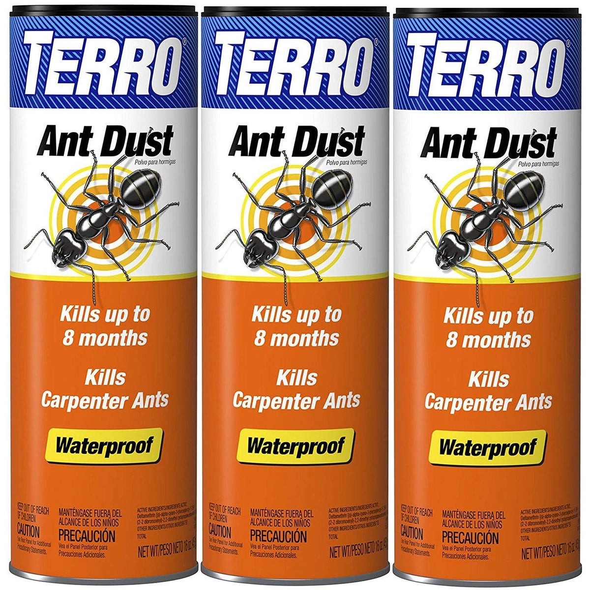 Terro front packaging showing three T600 dust tubes and clear usage benefit