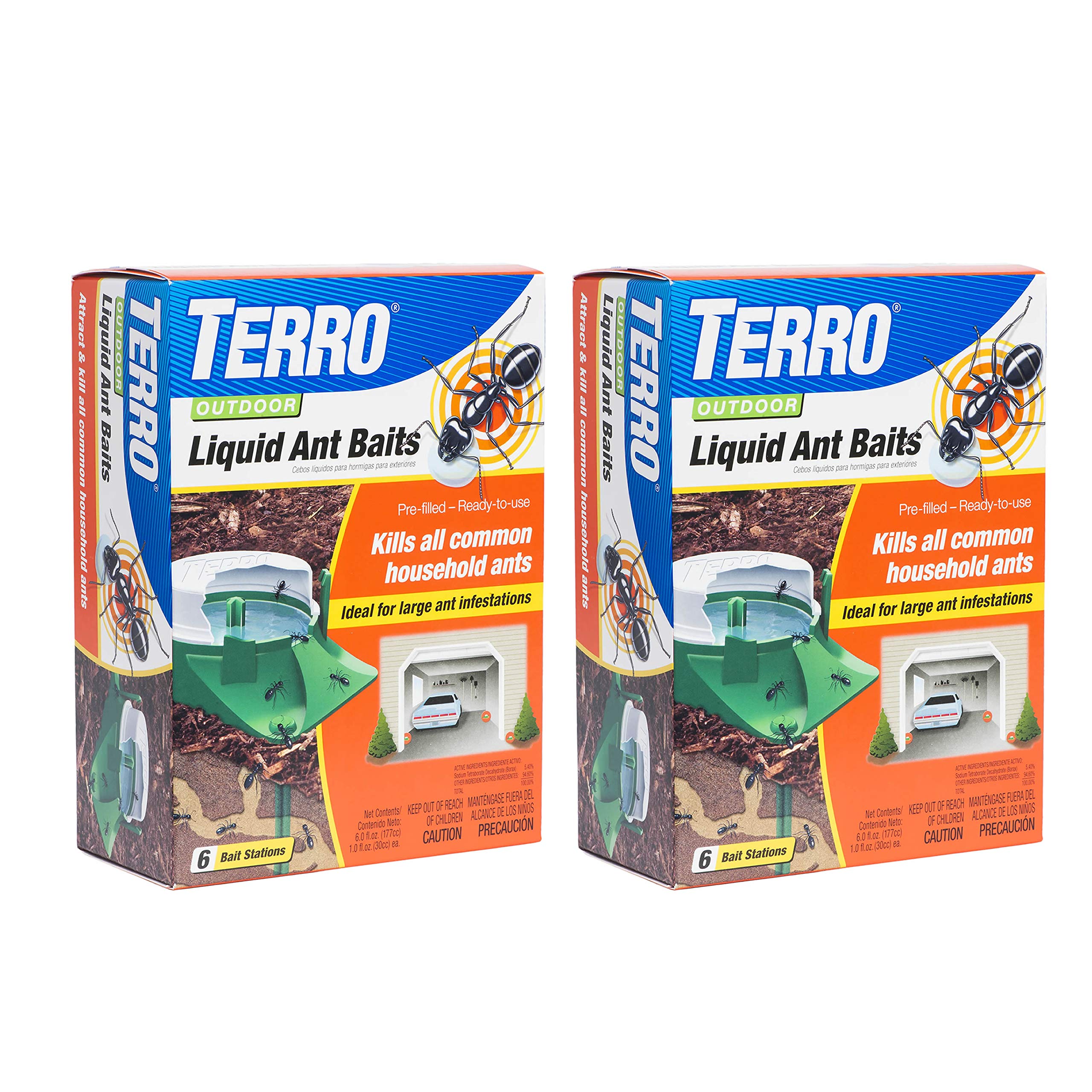 Terro front packaging showing 12 pre-filled outdoor bait stations and benefits
