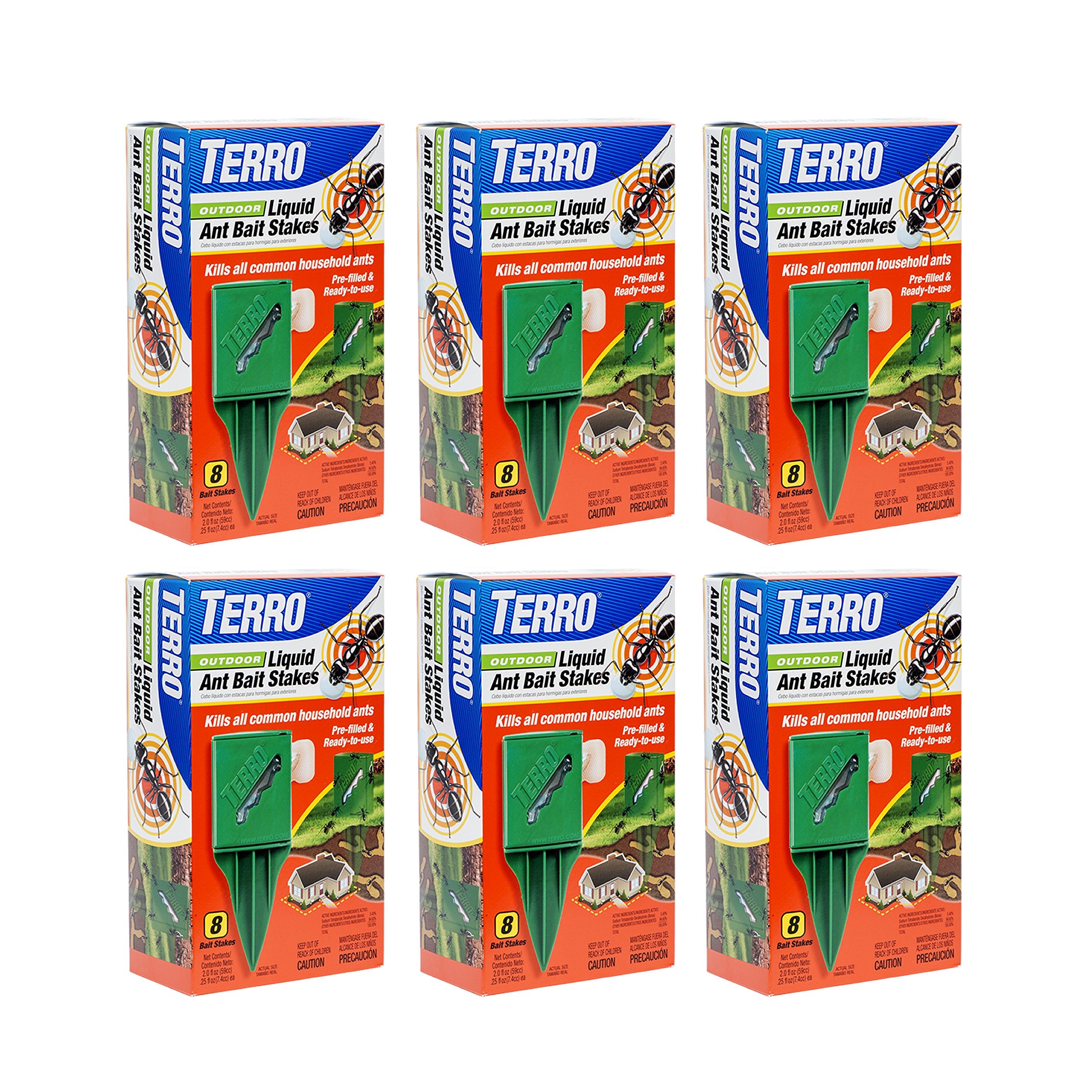 Terro outdoor stakes front packaging showing six weatherproof baits and benefits