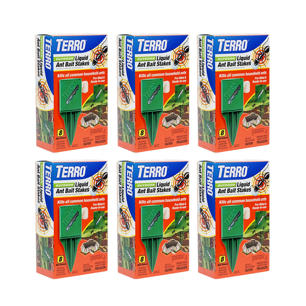 Terro outdoor stakes front packaging showing six weatherproof baits and benefits