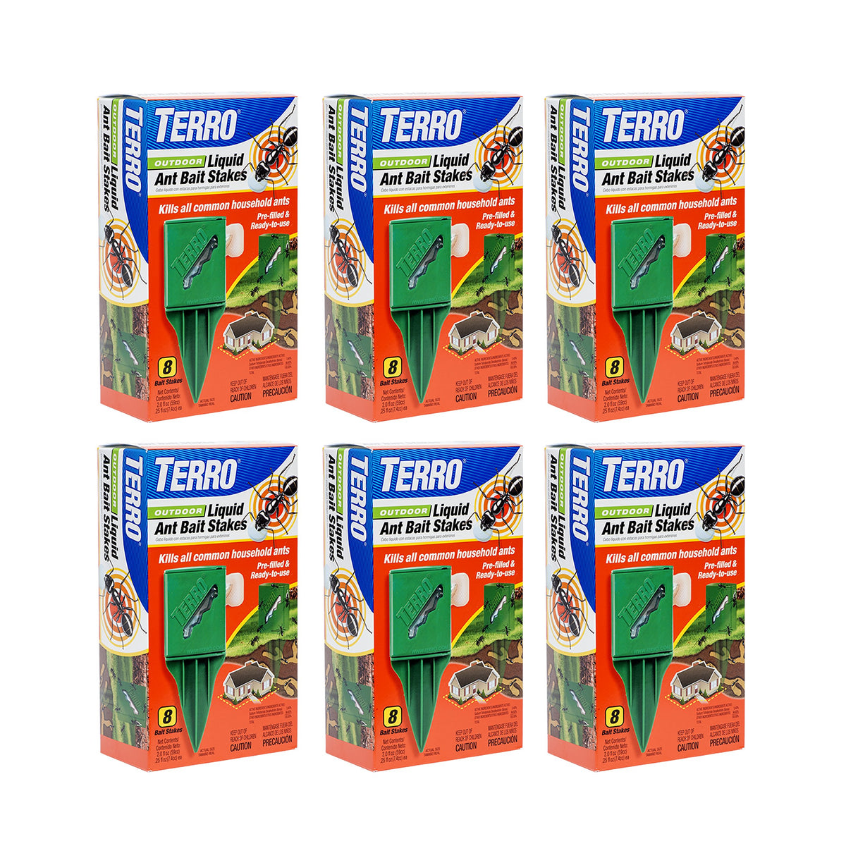 Terro outdoor stakes front packaging showing six weatherproof baits and benefits