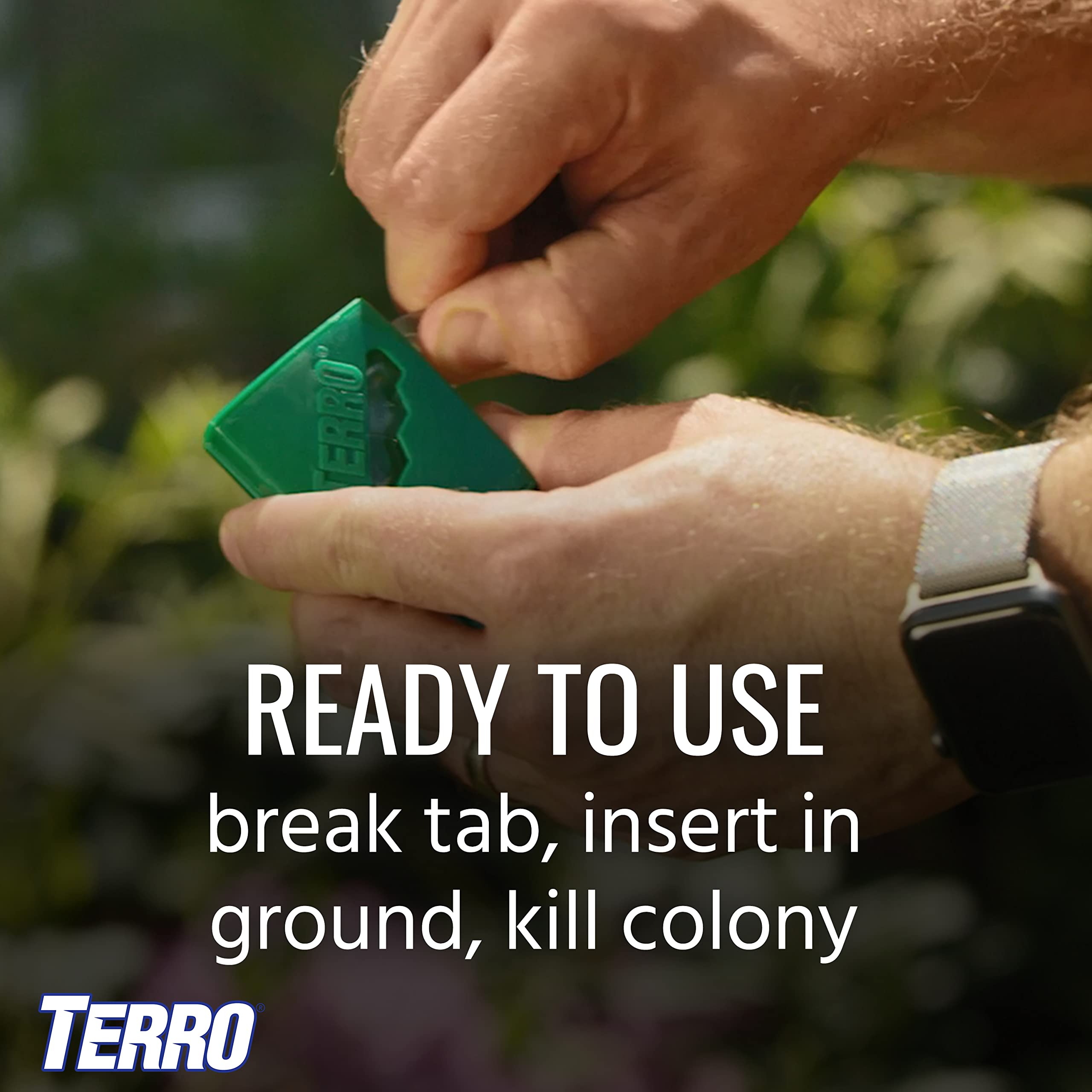 Terro six-pack next to a ruler showing size and how many stakes come in pack