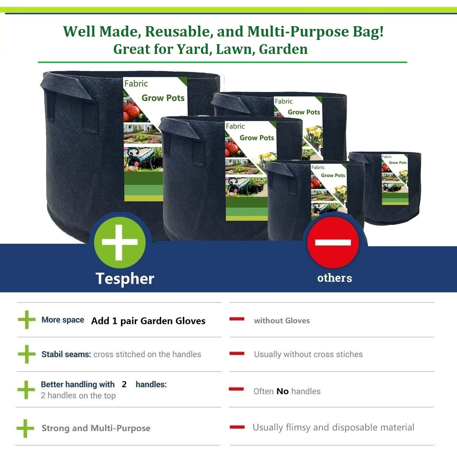Tespher collapsed grow bag folded flat for storage showing space-saving benefit