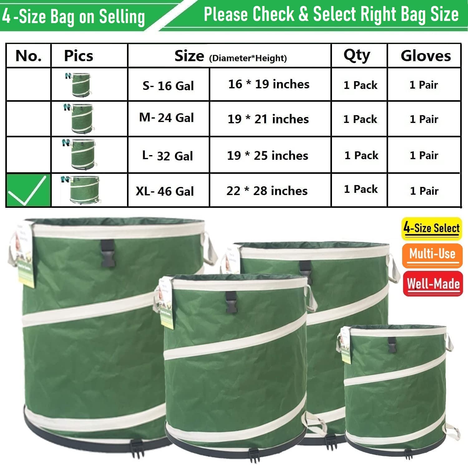 Tespher size comparison with garden tools showing roomy 46-gallon capacity