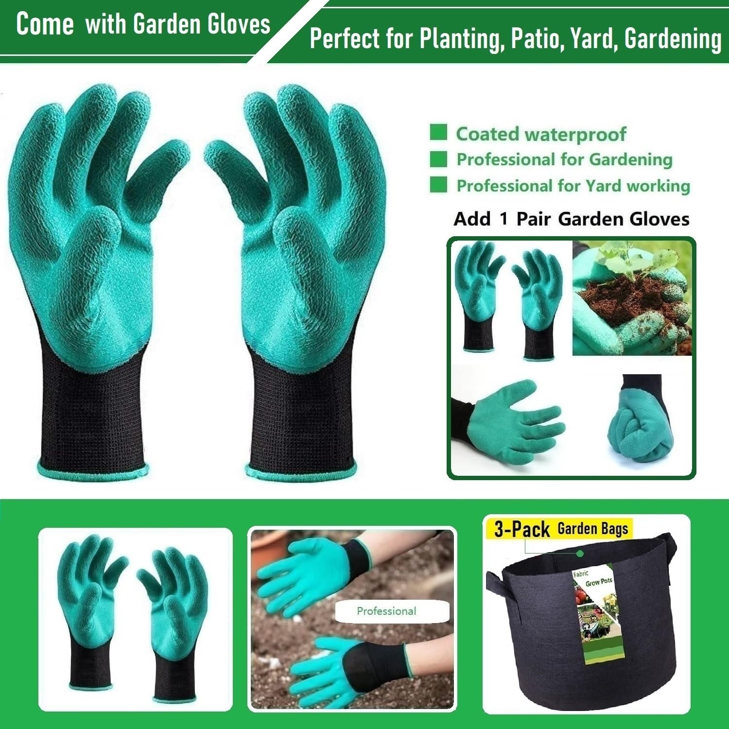 Tespher pair of gardening gloves beside bag showing included accessories benefit