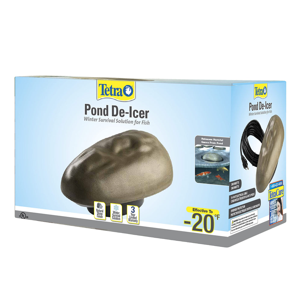 Tetra Pond de-icer held by hands to show size and easy placement advantage