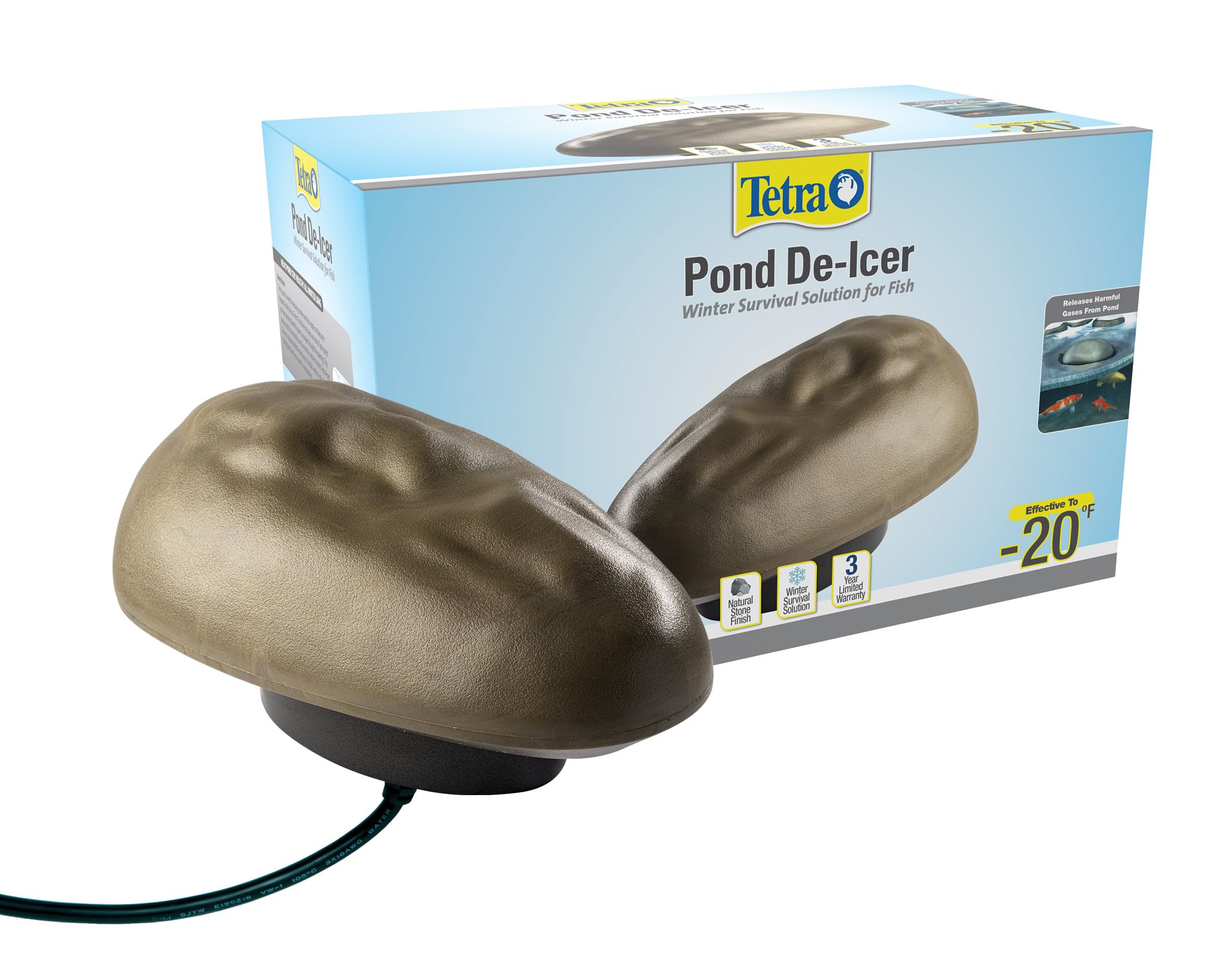 Tetra Pond de-icer stone finish close-up blending into pond edging for discreet look