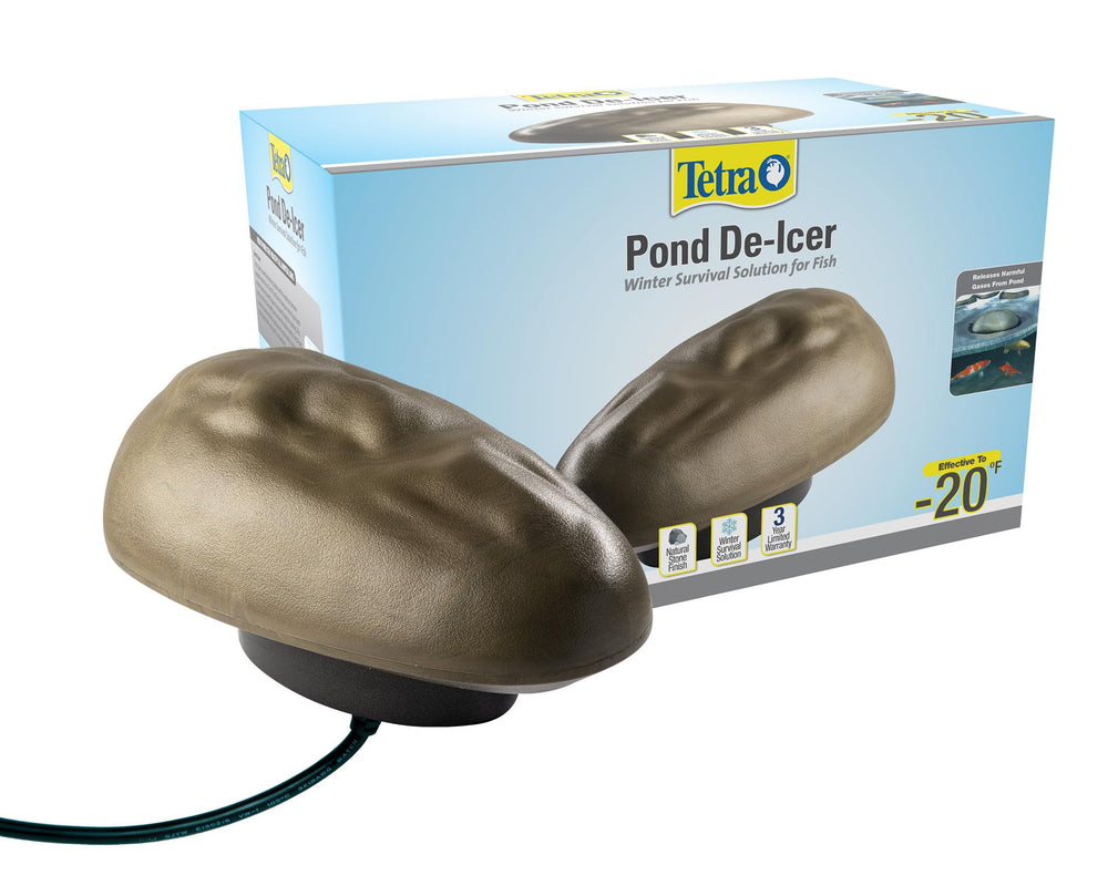 Tetra Pond de-icer stone finish close-up blending into pond edging for discreet look