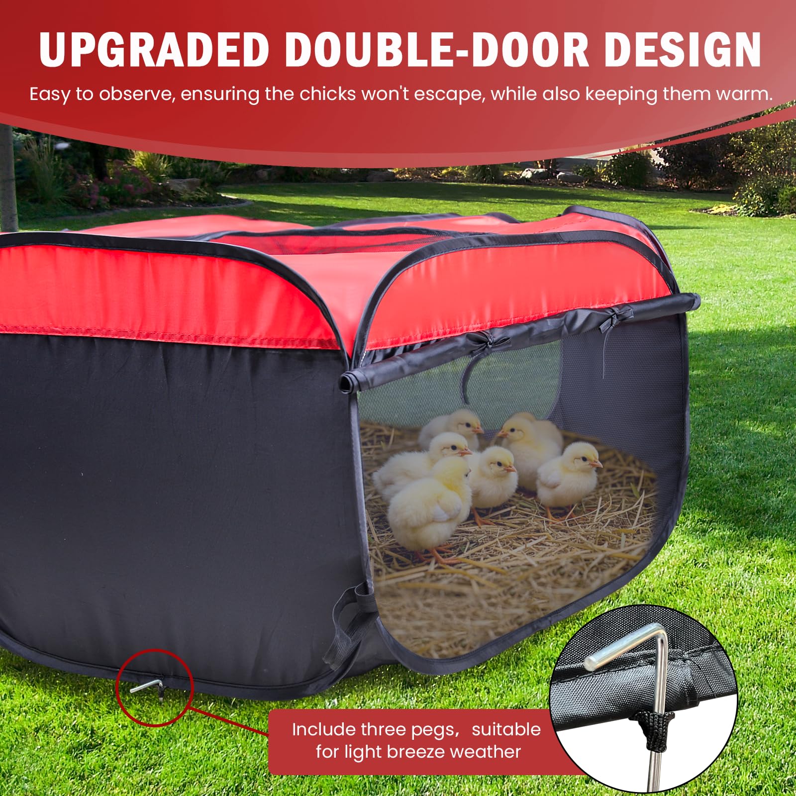 Tetuga ground pegs securing brooder to ground for stability and safety benefit