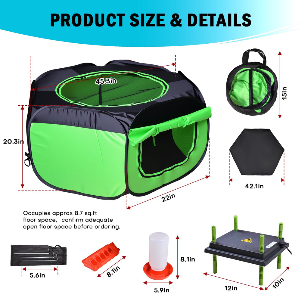 Tetuga pen outdoors with warm curtain attached, protects chicks from cold