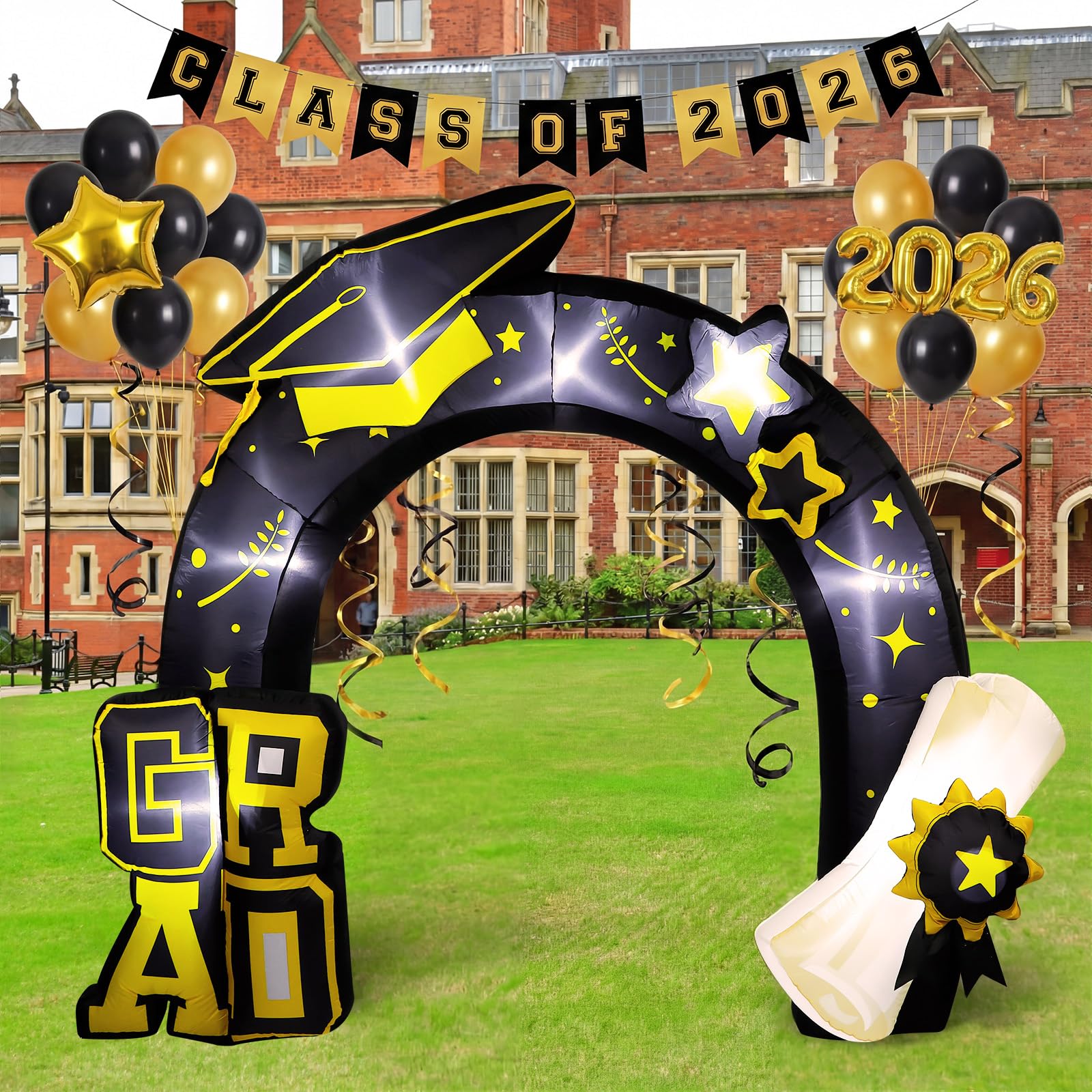 Teyva Daily front view arch showing black gold design and mortarboard motif for bold photos