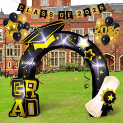 Teyva Daily front view arch showing black gold design and mortarboard motif for bold photos