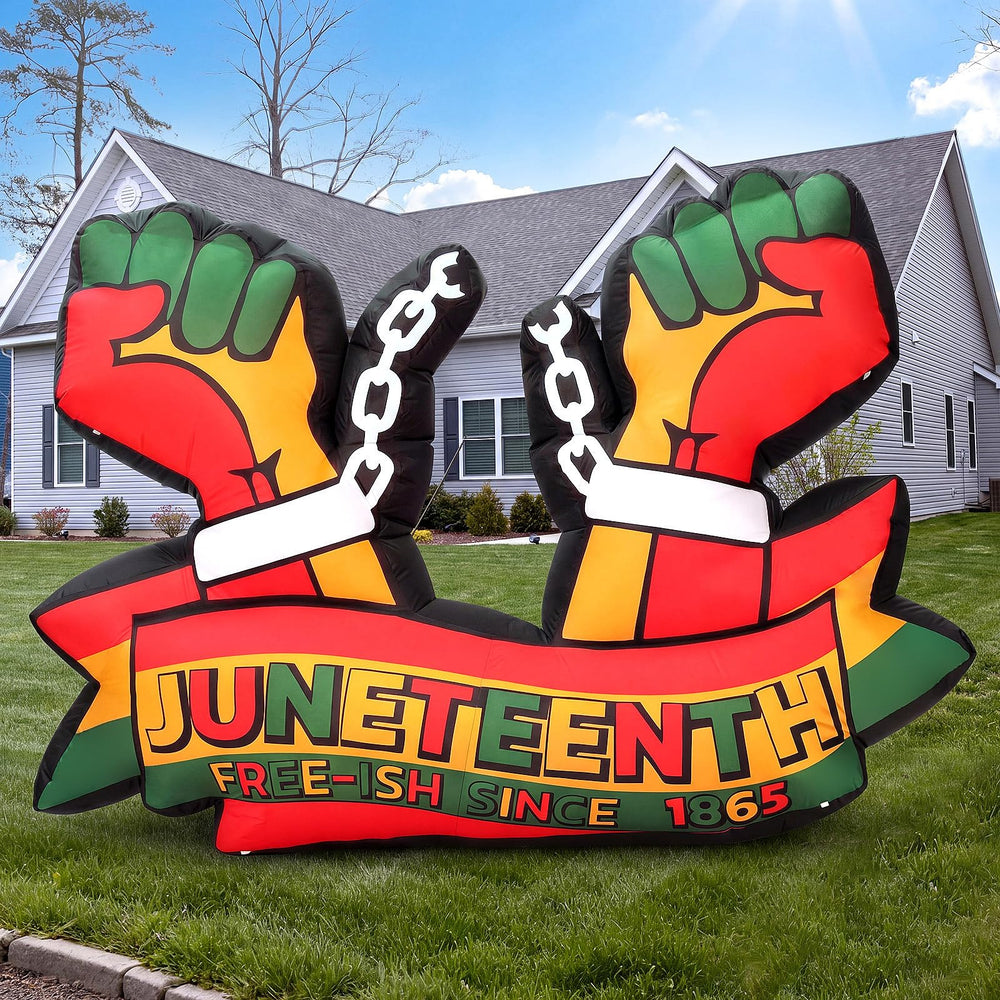 Teyva Daily front view inflatable showing fist graphic and bold Juneteenth message