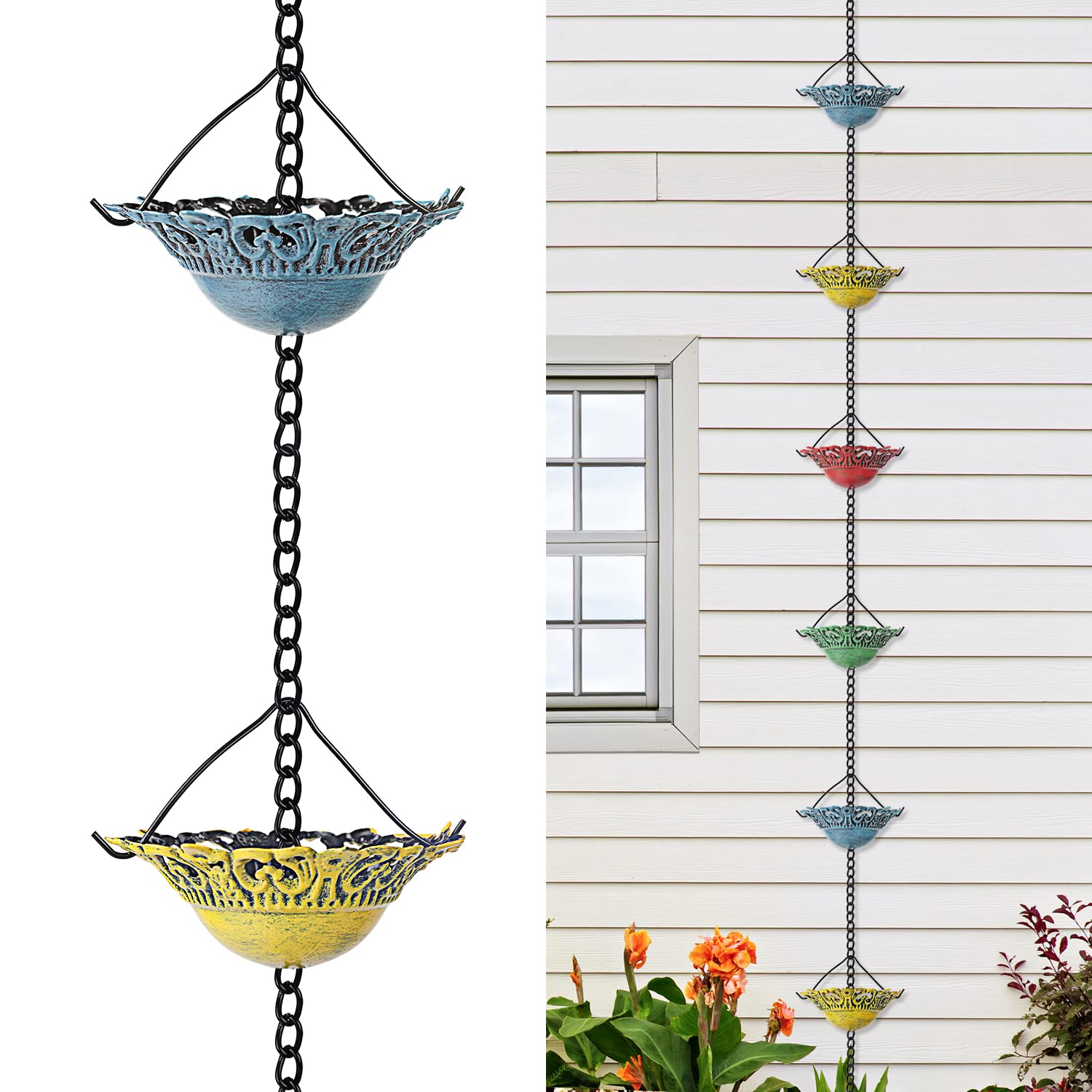 Tfro & Cile front view of rain chain showing full kit and decorative appeal