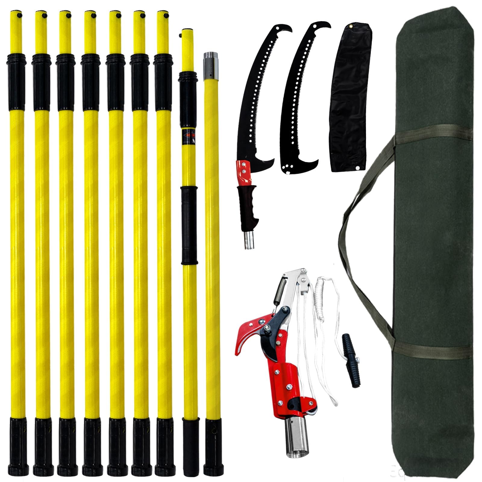 TGrasol full kit front view showing poles, saw, pruners and bag for organized storage