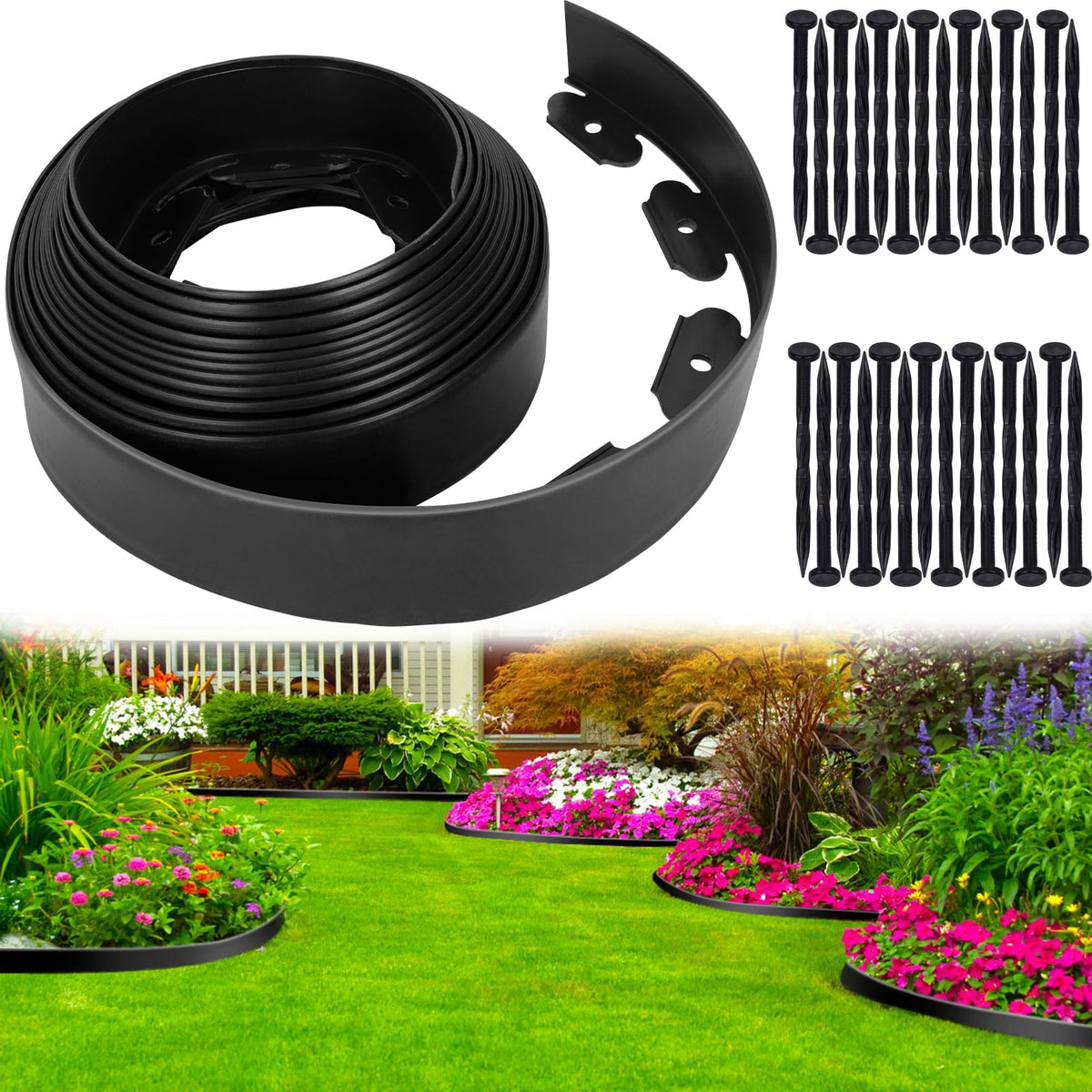 Thanger front packaging showing full 3in x 50ft kit and stakes, clear product view benefits installation