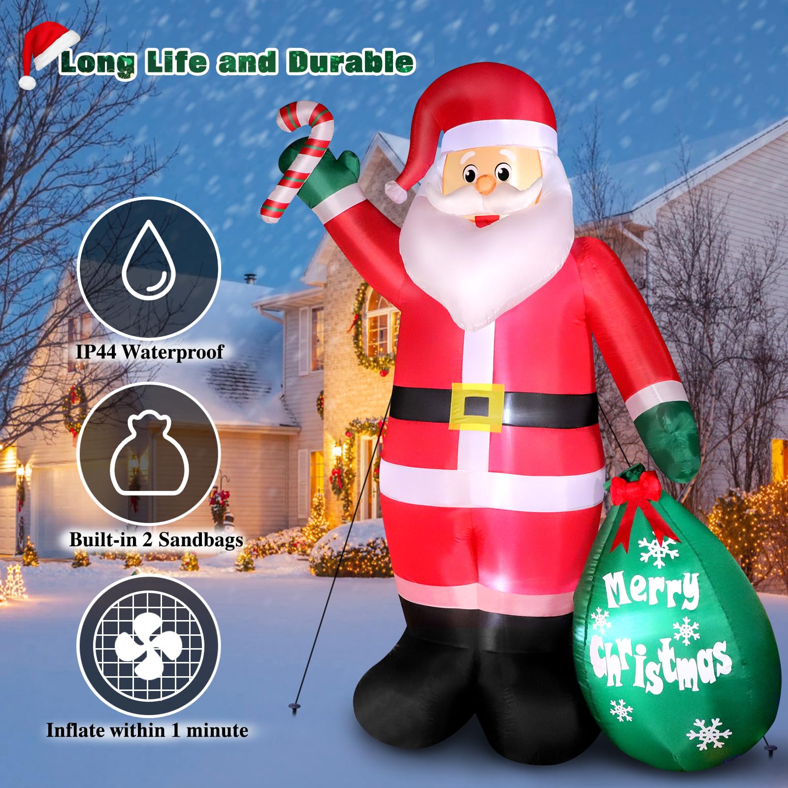Thanger Santa next to person showing 8ft scale and easy-visibility benefit