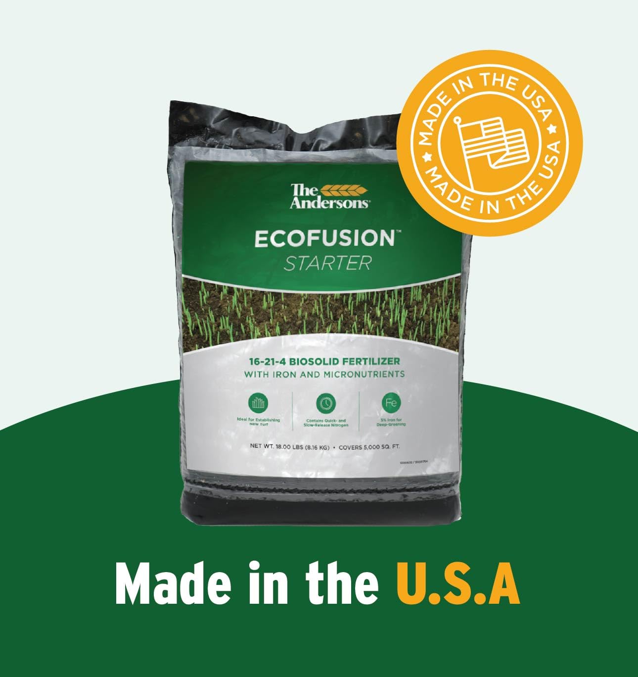 Label close-up showing The Andersons nutrition panel with 16-21-4 and micronutrients listed