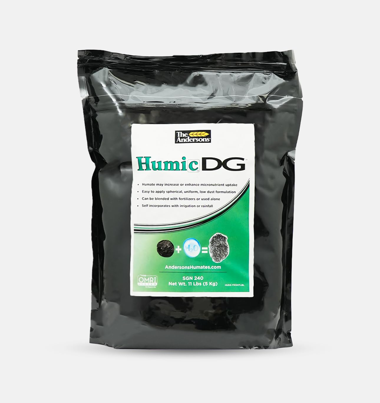 The Andersons Humic DG front pouch showing branding and coverage information, promotes easy identification