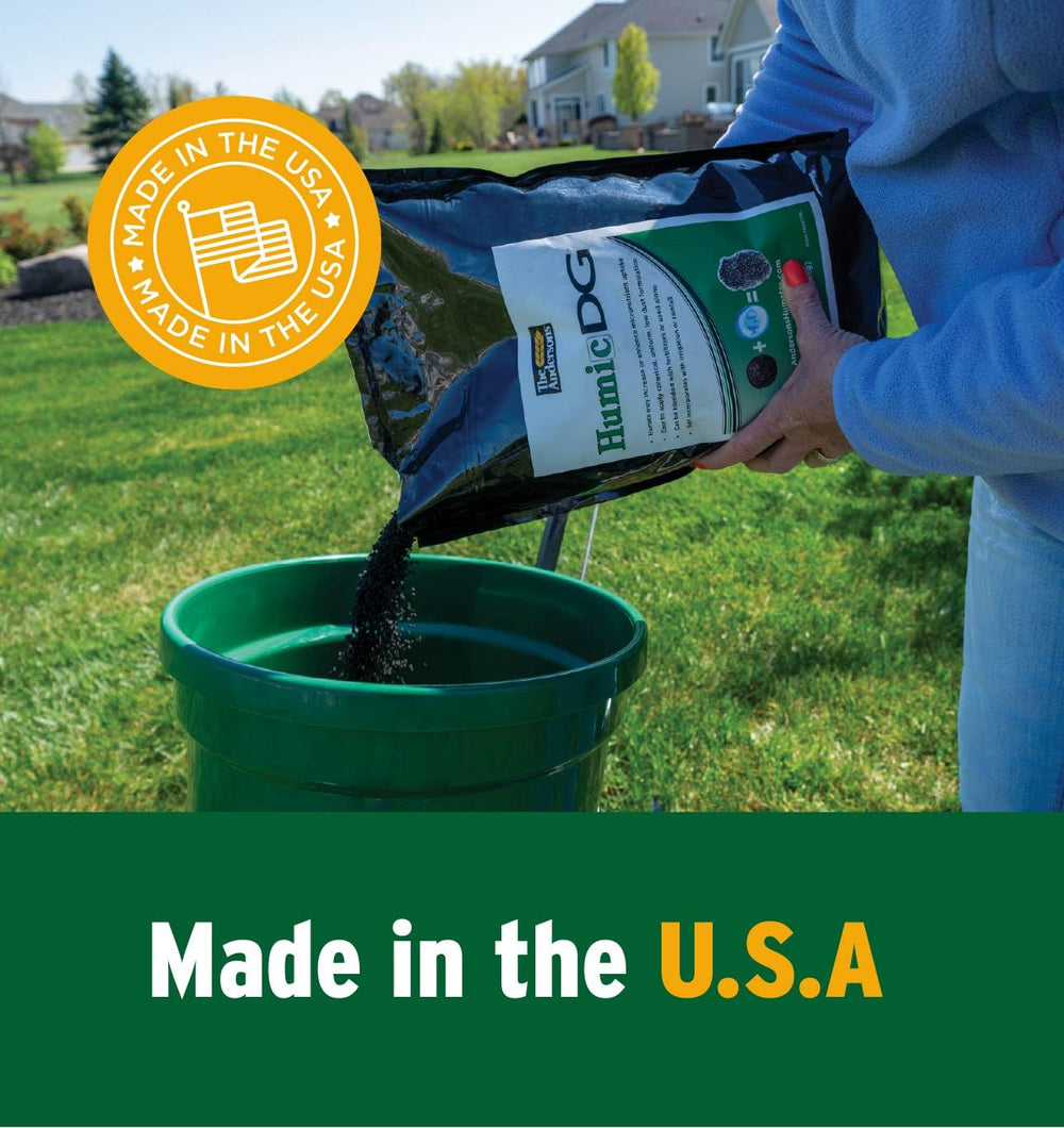 11 lb bag next to a measuring tape showing scale and coverage for The Andersons Humic DG, clarifies treatment area