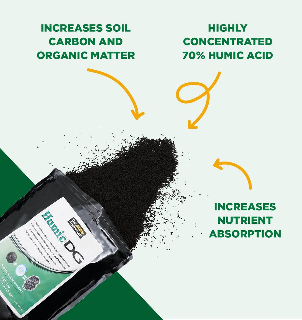 Spread of The Andersons Humic DG granules on turf, demonstrates easy application and improved root zone contact
