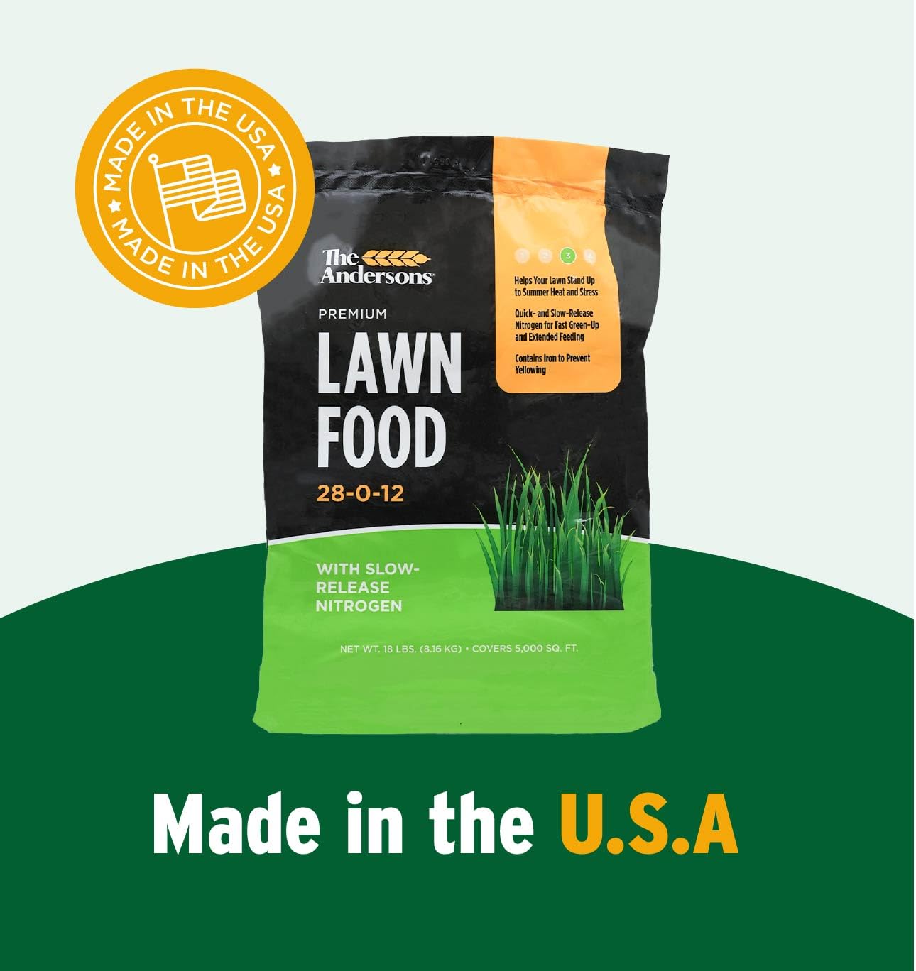 5,000 sq ft bag next to common yard items to show scale and convenience benefit