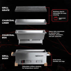 The Bincho Grill charcoal box detail highlighting removable box for easy refueling and cleanup benefit