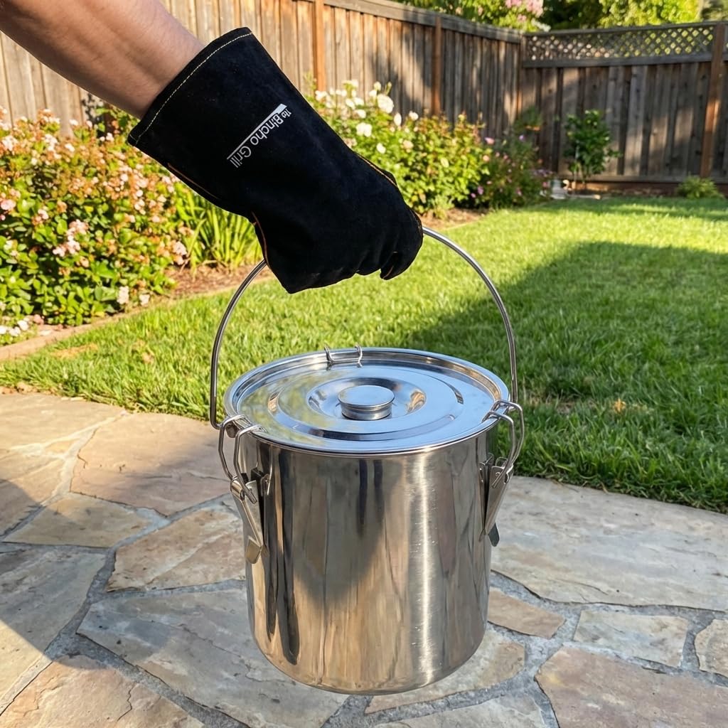 The Bincho Grill bucket in use holding hot coals to safely cool without water