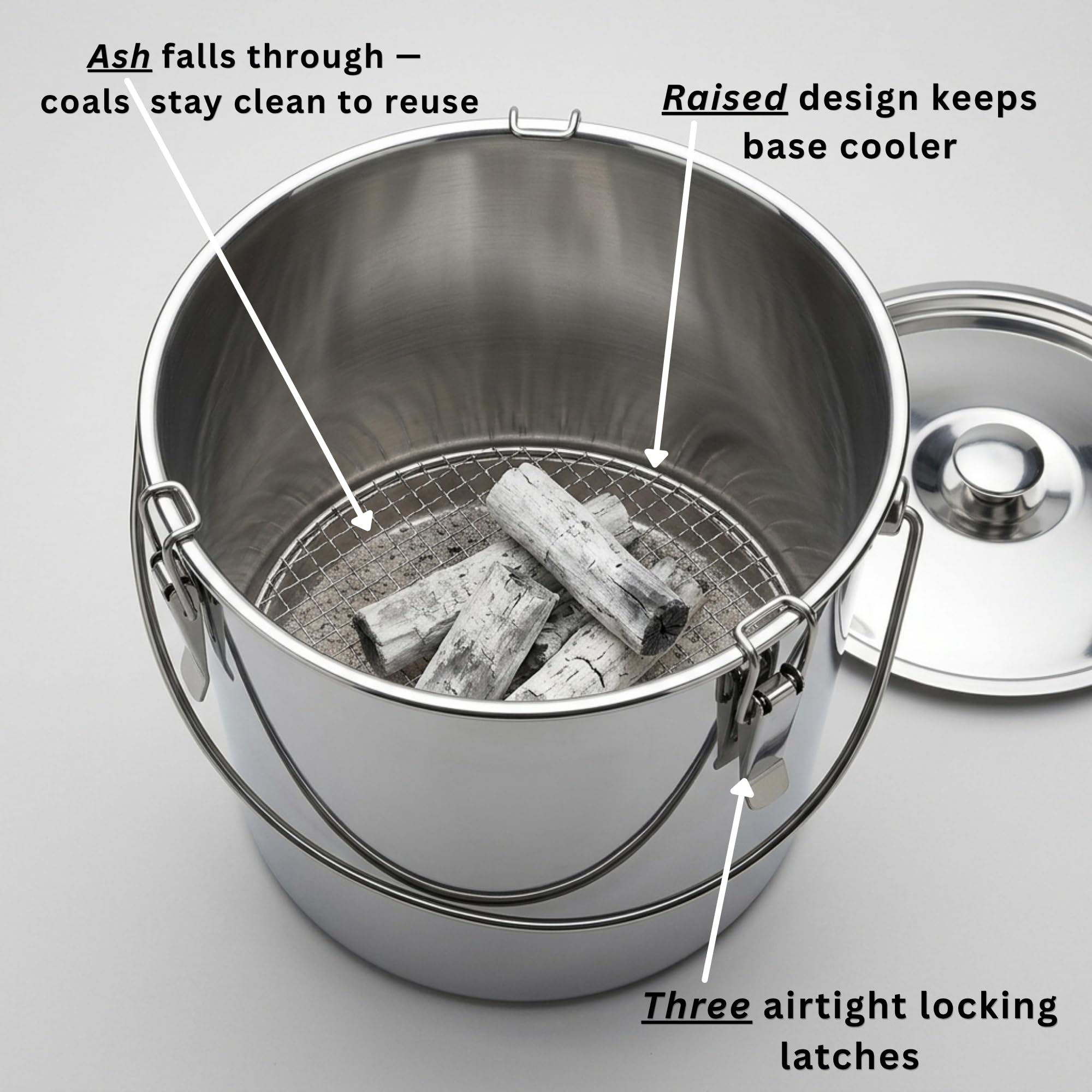 The Bincho Grill lid locking detail displaying three latches to prevent ash spills and limit oxygen