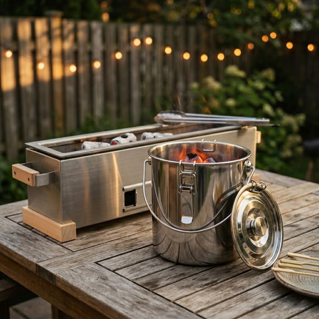 The Bincho Grill next to a charcoal grill illustrating 3‑gallon capacity and compact footprint