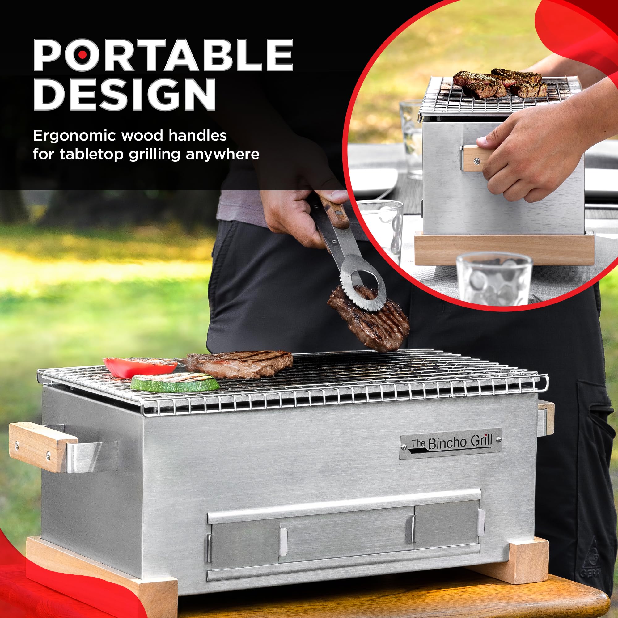 The Bincho Grill cool-touch base with poplar wood accents protecting tabletop surfaces benefit