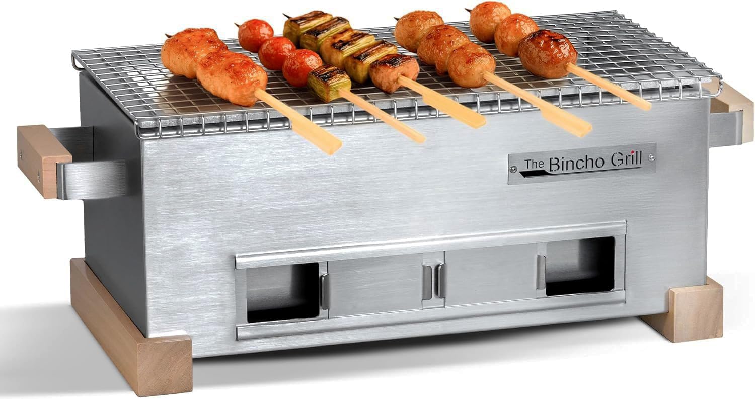 The Bincho Grill front view showing compact stainless steel body and grate, durable construction benefit