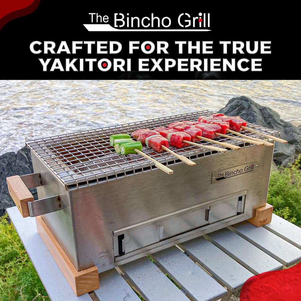 The Bincho Grill size and scale with hand demonstrating portable footprint and tabletop suitability benefit
