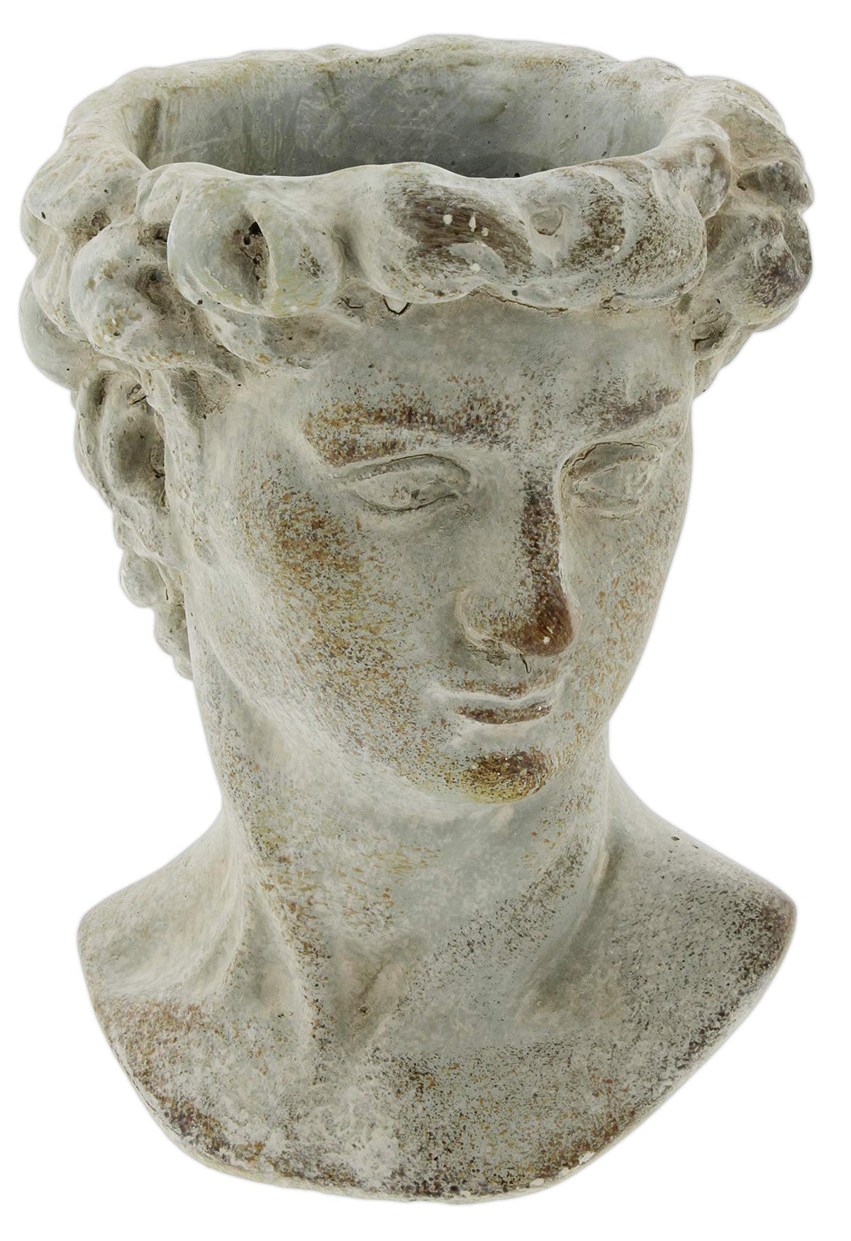 The Bridge Collection front view of Greek head planter showing sculptural detail and antique look