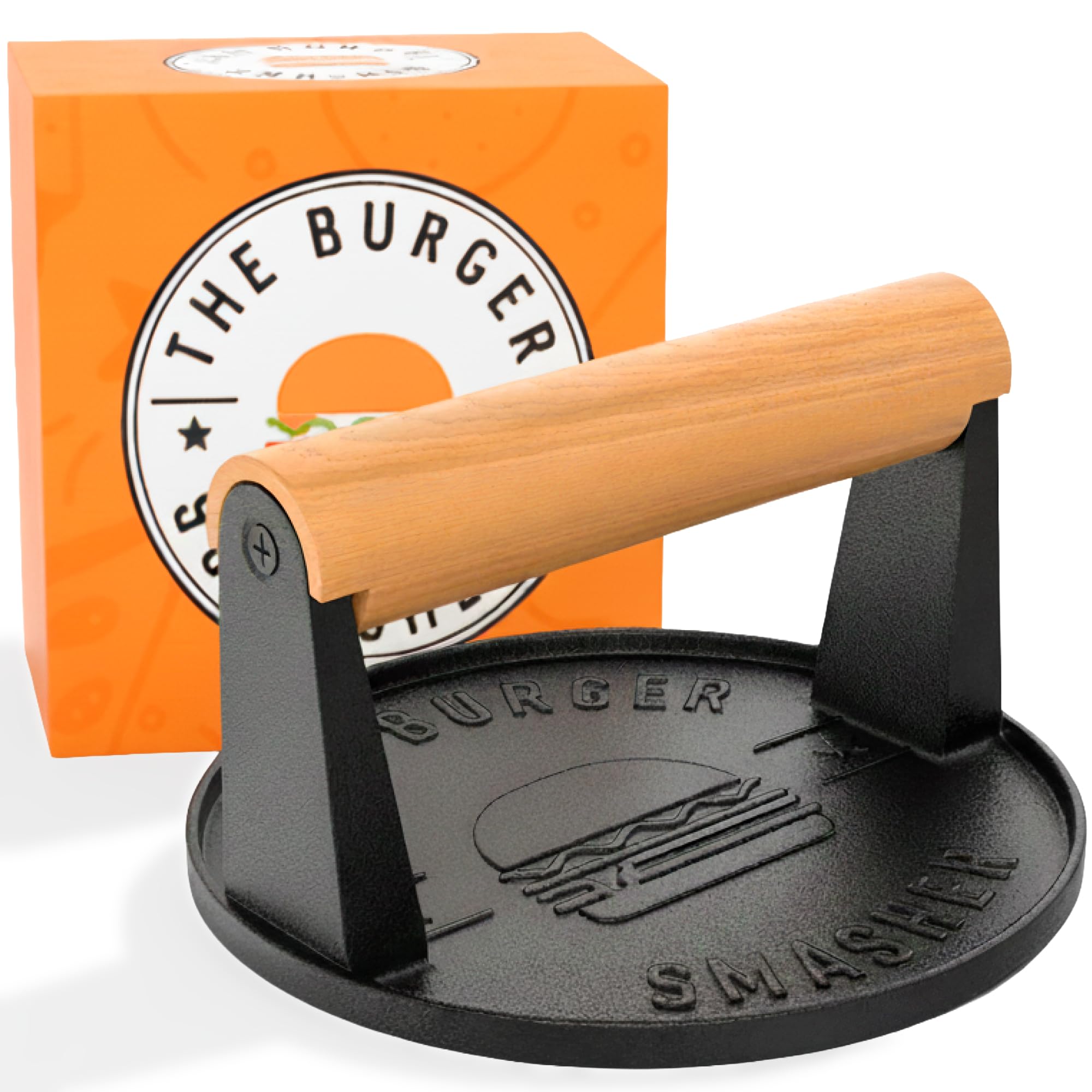 The Burger Smasher front view showing sturdy cast iron press and handle, durable weight benefit