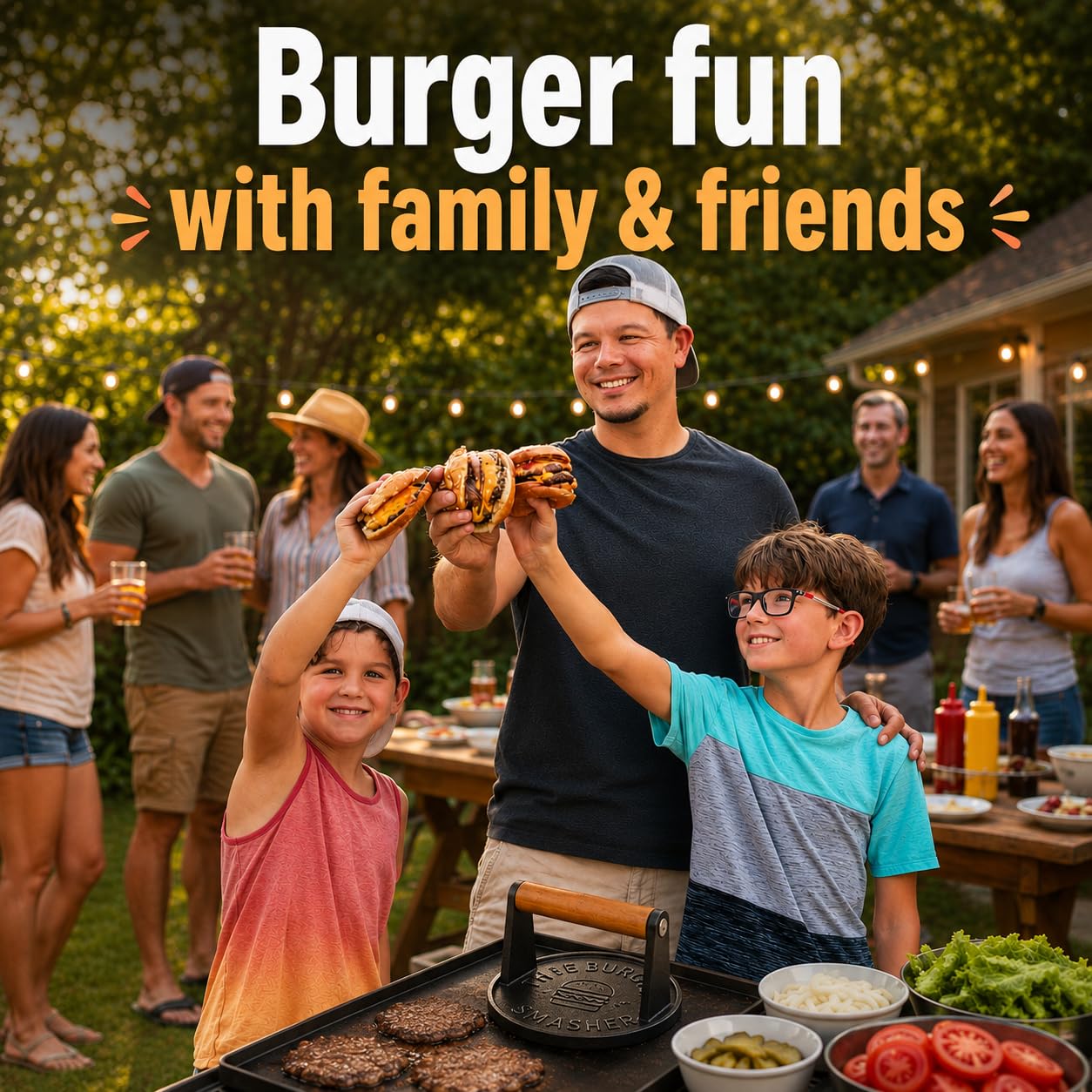 The Burger Smasher used on an outdoor grill, reliable heat resistance and durable performance benefit