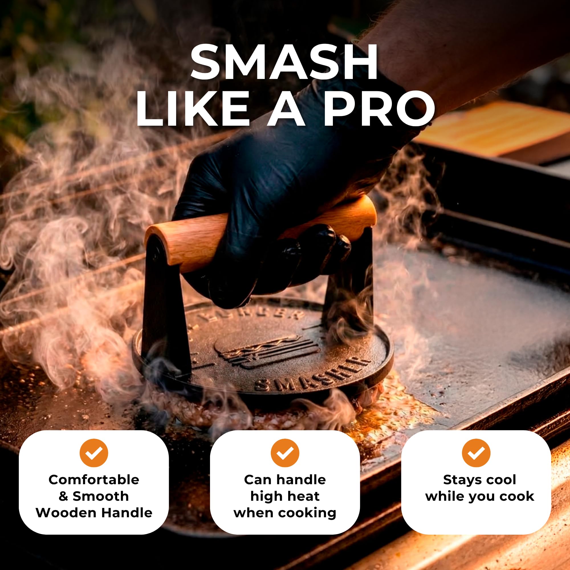 The Burger Smasher pressing a patty on a hot griddle, faster cooking and crisp edges benefit