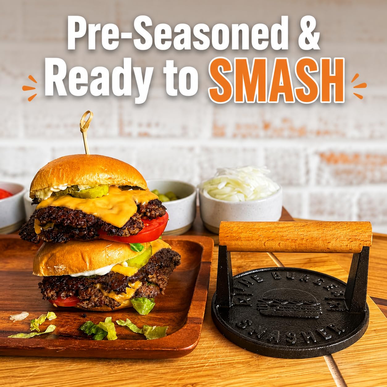 The Burger Smasher next to a standard bun to show 5.5 inch size and perfect bun fit benefit