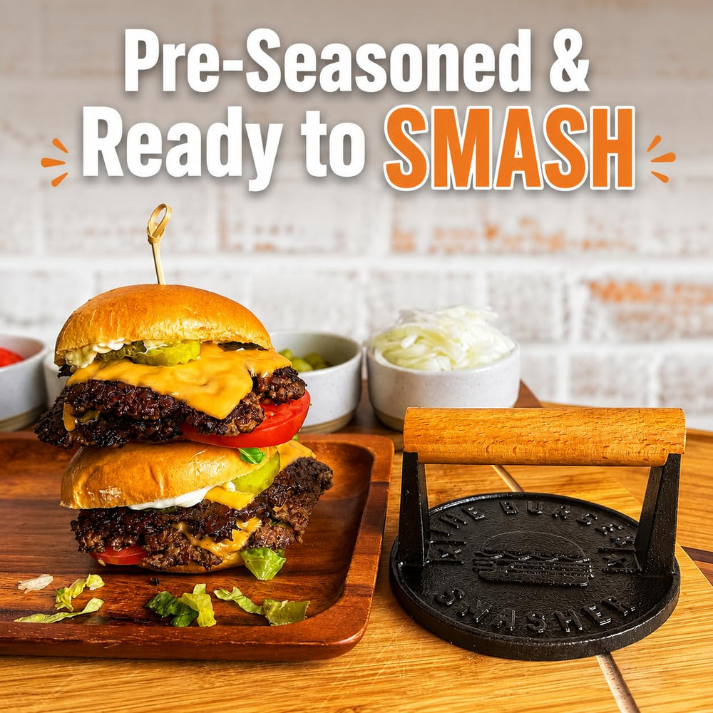 The Burger Smasher next to a standard bun to show 5.5 inch size and perfect bun fit benefit