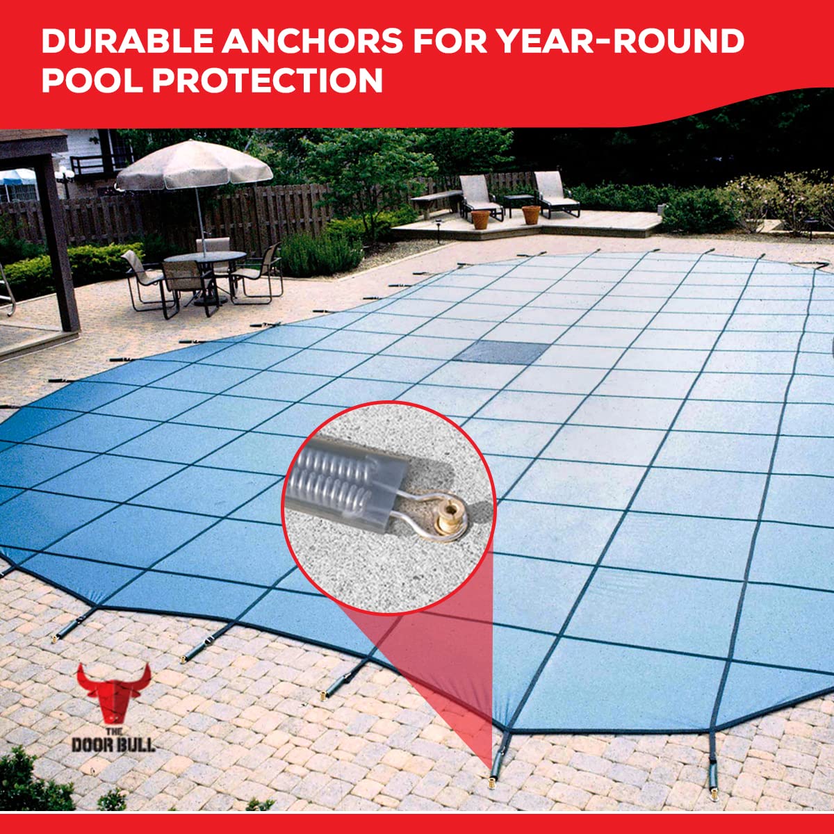 The Door Bull anchors around a pool in lifestyle scene showing safe tidy installation