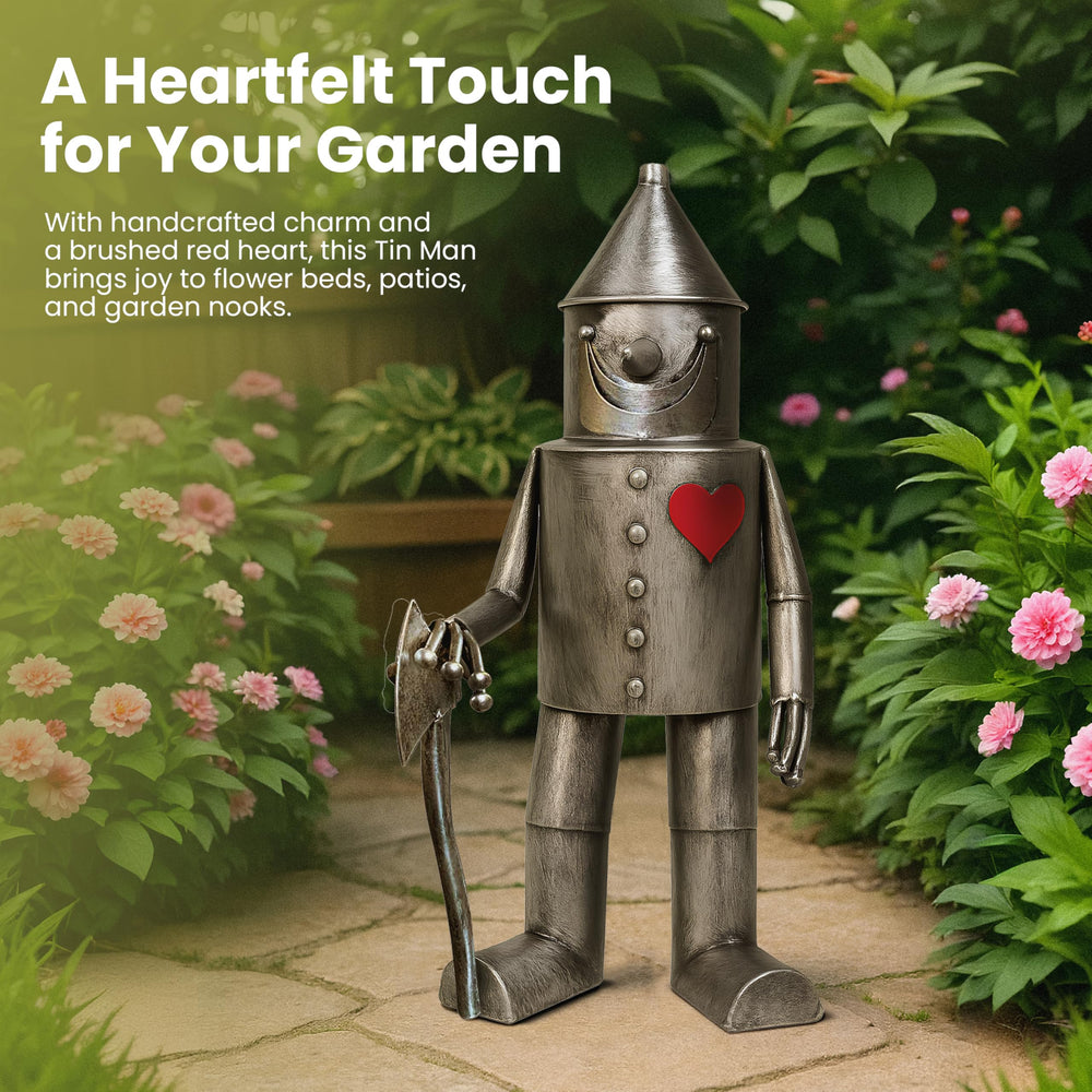 The Enchanted Garden Tin Man beside a pot showing compact size and scale