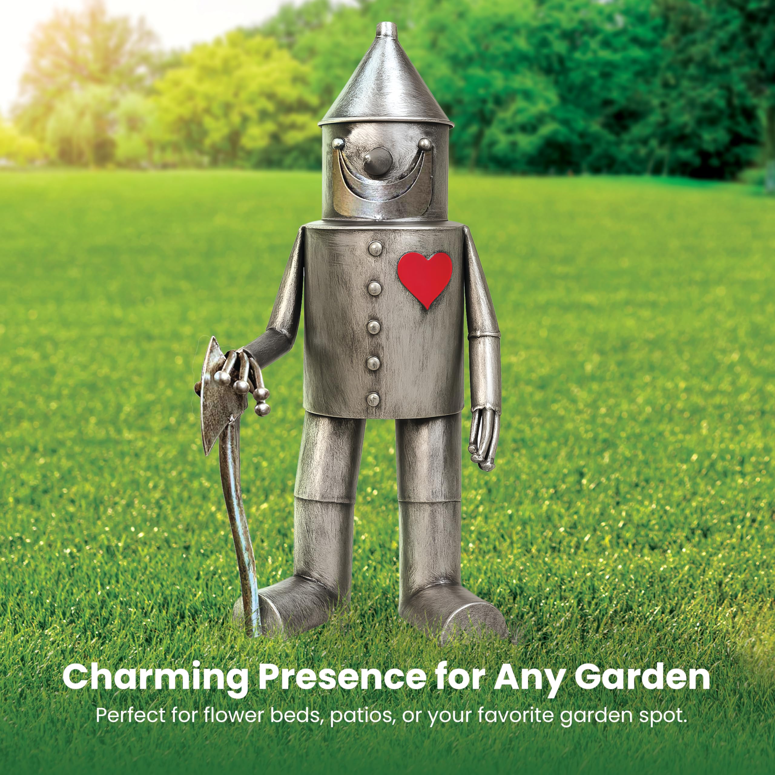 The Enchanted Garden Tin Man finish close-up demonstrating weatherproof metal benefit