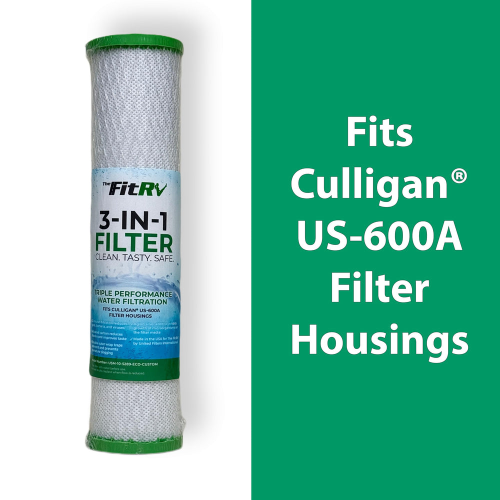 THE FITRV.COM endcap label close-up showing size and Culligan US-600A fit benefits