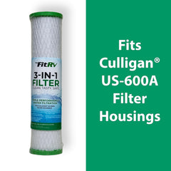 THE FITRV.COM endcap label close-up showing size and Culligan US-600A fit benefits