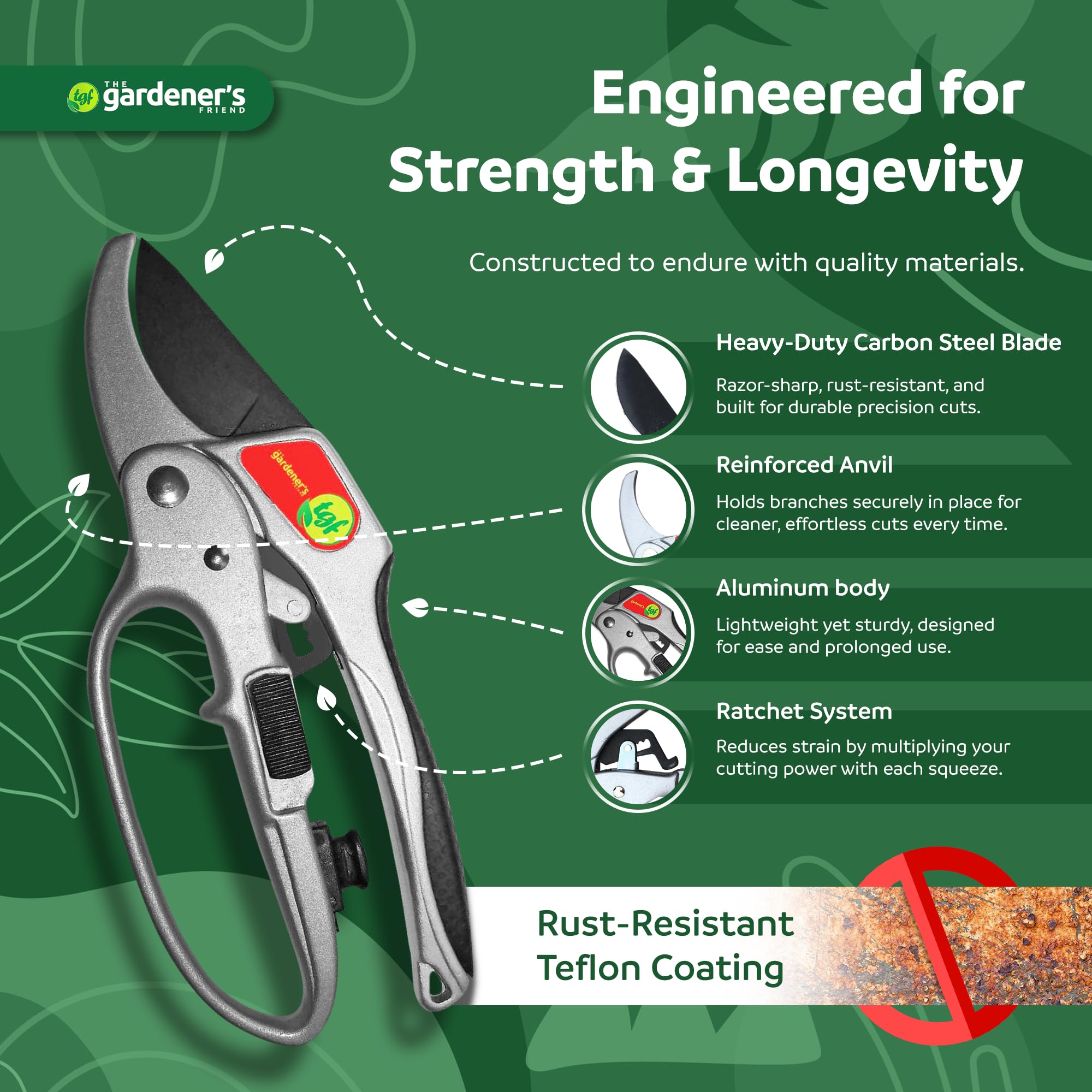 The Gardener's Friend close-up of manganese-steel blade highlighting sharp edge and durable construction for reliable cuts