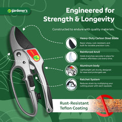 The Gardener's Friend close-up of manganese-steel blade highlighting sharp edge and durable construction for reliable cuts